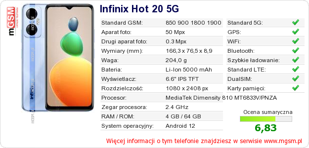Dane telefonu Infinix Hot 20 5G