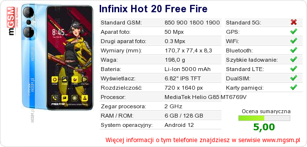Dane telefonu Infinix Hot 20 Free Fire