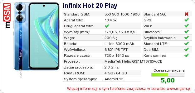 Dane telefonu Infinix Hot 20 Play Dane telefonu Infinix Hot 20 Play
