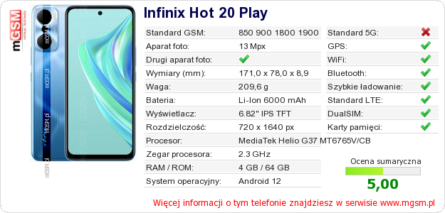 Dane telefonu Infinix Hot 20 Play