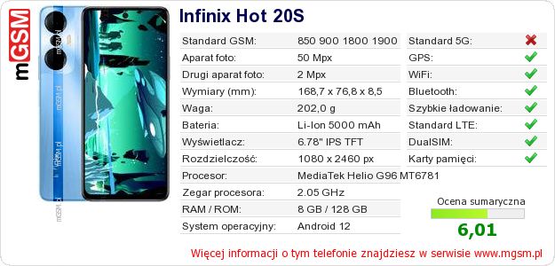 Dane telefonu Infinix Hot 20S Dane telefonu Infinix Hot 20S