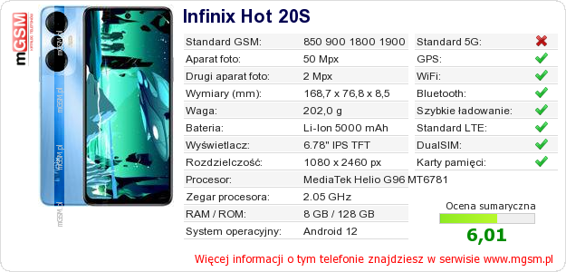 Dane telefonu Infinix Hot 20S