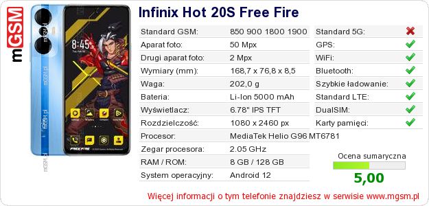 Dane telefonu Infinix Hot 20S Free Fire