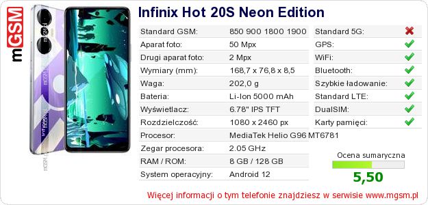 Dane telefonu Infinix Hot 20S Neon Edition