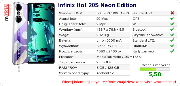 Dane telefonu Infinix Hot 20S Neon Edition