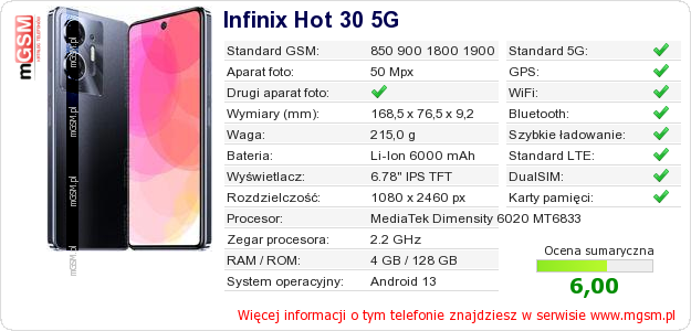 Dane telefonu Infinix Hot 30 5G