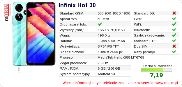 Dane telefonu Infinix Hot 30 Dane telefonu Infinix Hot 30