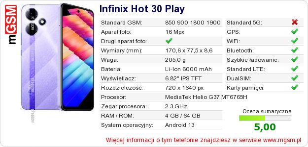 Dane telefonu Infinix Hot 30 Play Dane telefonu Infinix Hot 30 Play