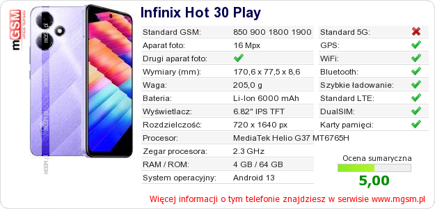 Dane telefonu Infinix Hot 30 Play