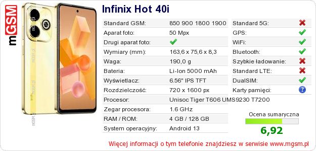 Dane telefonu Infinix Hot 40i Dane telefonu Infinix Hot 40i