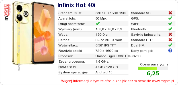 Dane telefonu Infinix Hot 40i
