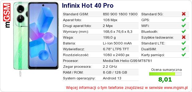 Dane telefonu Infinix Hot 40 Pro Dane telefonu Infinix Hot 40 Pro