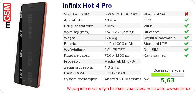 Dane telefonu Infinix Hot 4 Pro