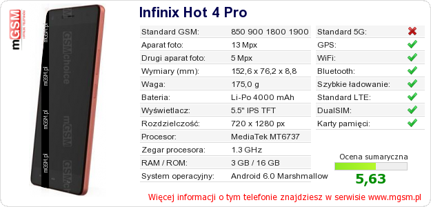 Dane telefonu Infinix Hot 4 Pro