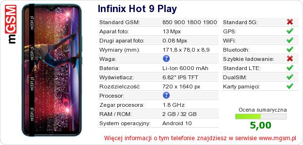 Dane telefonu Infinix Hot 9 Play Dane telefonu Infinix Hot 9 Play