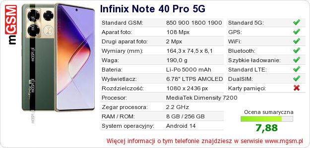 Dane telefonu Infinix Note 40 Pro 5G