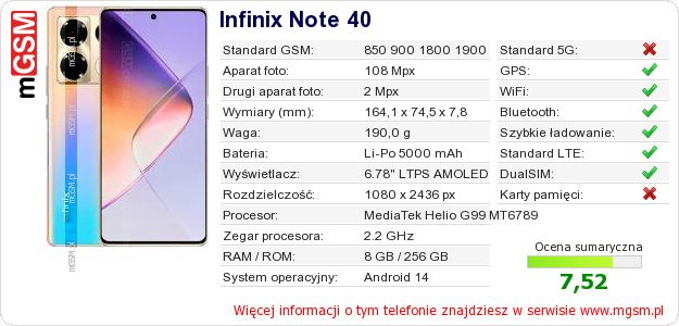 Dane telefonu Infinix Note 40