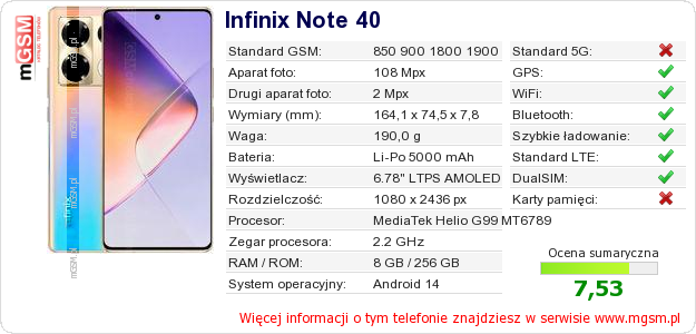 Dane telefonu Infinix Note 40 Dane telefonu Infinix Note 40