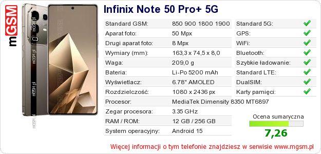 Dane telefonu Infinix Note 50 Pro+ 5G Dane telefonu Infinix Note 50 Pro+ 5G