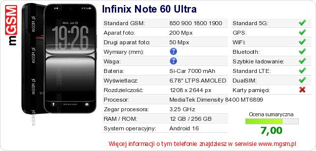 Dane telefonu Infinix Note 60 Ultra Dane telefonu Infinix Note 60 Ultra