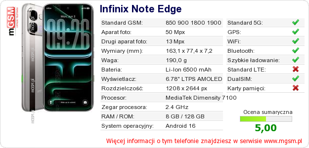 Dane telefonu Infinix Note Edge Dane telefonu Infinix Note Edge