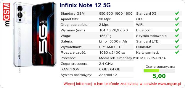 Dane telefonu Infinix Note 12 5G