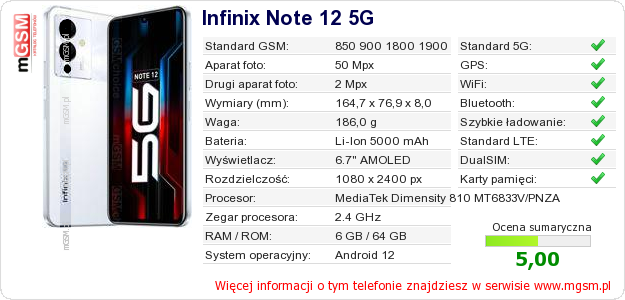 Dane telefonu Infinix Note 12 5G Dane telefonu Infinix Note 12 5G
