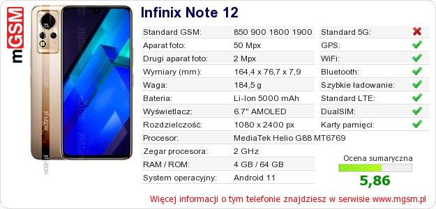 Dane telefonu Infinix Note 12 Dane telefonu Infinix Note 12