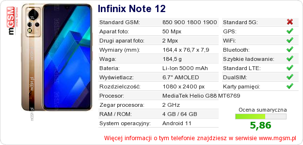 Dane telefonu Infinix Note 12