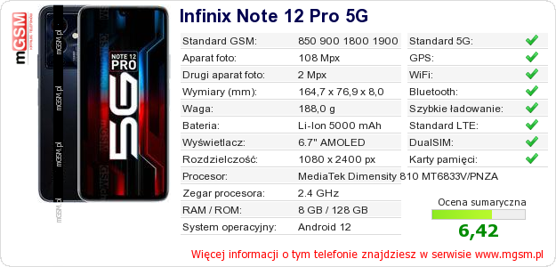 Dane telefonu Infinix Note 12 Pro 5G