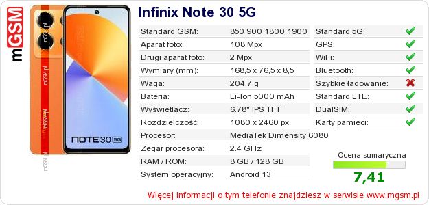 Dane telefonu Infinix Note 30 5G Dane telefonu Infinix Note 30 5G