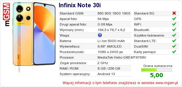 Dane telefonu Infinix Note 30i Dane telefonu Infinix Note 30i