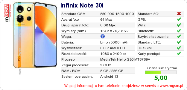 Dane telefonu Infinix Note 30i Dane telefonu Infinix Note 30i
