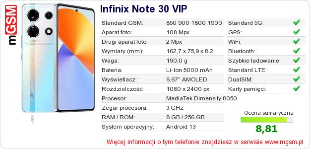Dane telefonu Infinix Note 30 VIP