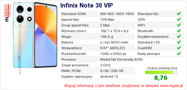 Dane telefonu Infinix Note 30 VIP