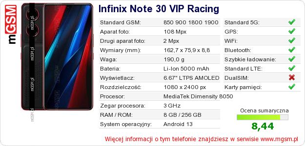 Dane telefonu Infinix Note 30 VIP Racing