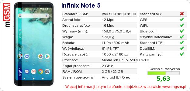 Dane telefonu Infinix Note 5