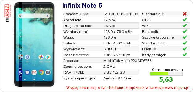 Dane telefonu Infinix Note 5