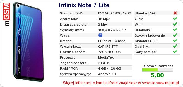 Dane telefonu Infinix Note 7 Lite
