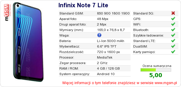 Dane telefonu Infinix Note 7 Lite