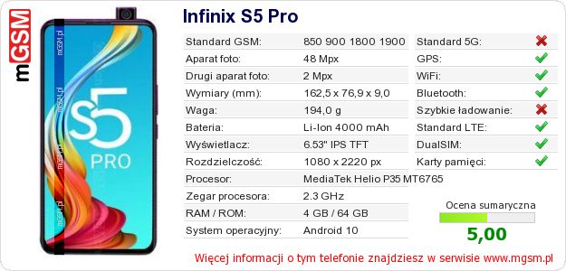 Dane telefonu Infinix S5 Pro