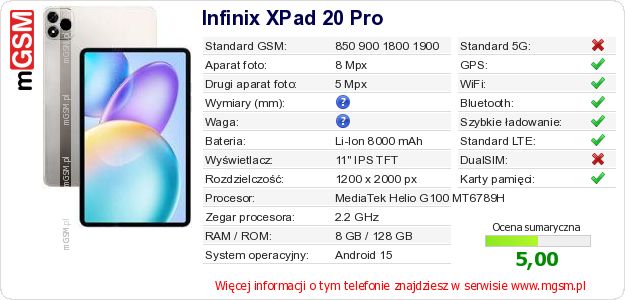 Dane telefonu Infinix XPad 20 Pro Dane telefonu Infinix XPad 20 Pro