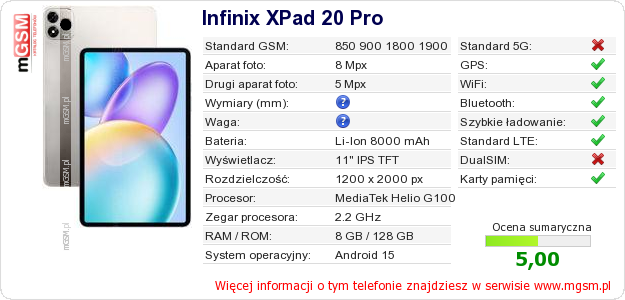Dane telefonu Infinix XPad 20 Pro Dane telefonu Infinix XPad 20 Pro
