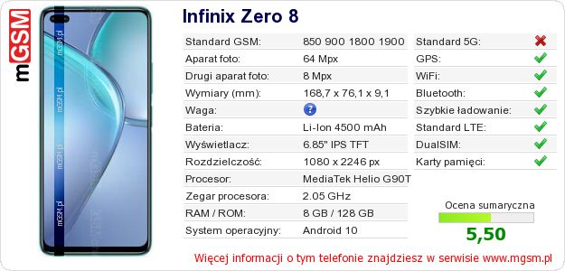Dane telefonu Infinix Zero 8 Dane telefonu Infinix Zero 8