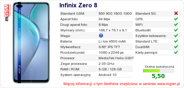 Dane telefonu Infinix Zero 8