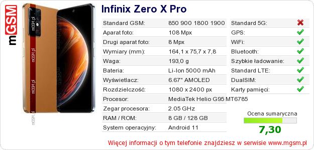 Dane telefonu Infinix Zero X Pro