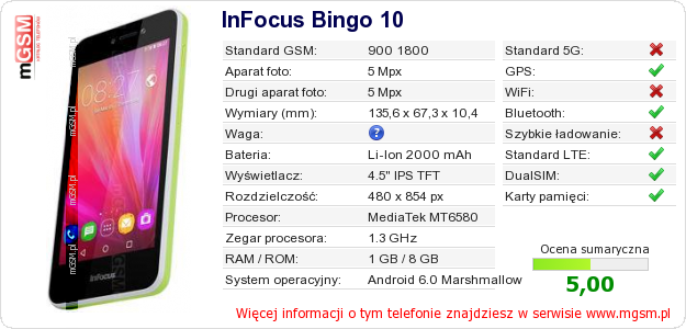 Dane telefonu InFocus Bingo 10