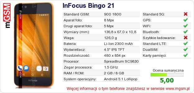 Dane telefonu InFocus Bingo 21