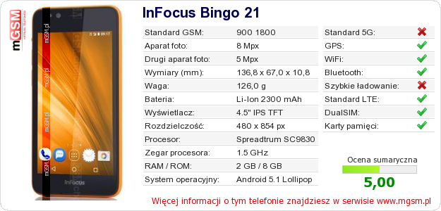 Dane telefonu InFocus Bingo 21