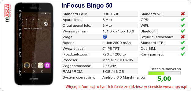 Dane telefonu InFocus Bingo 50